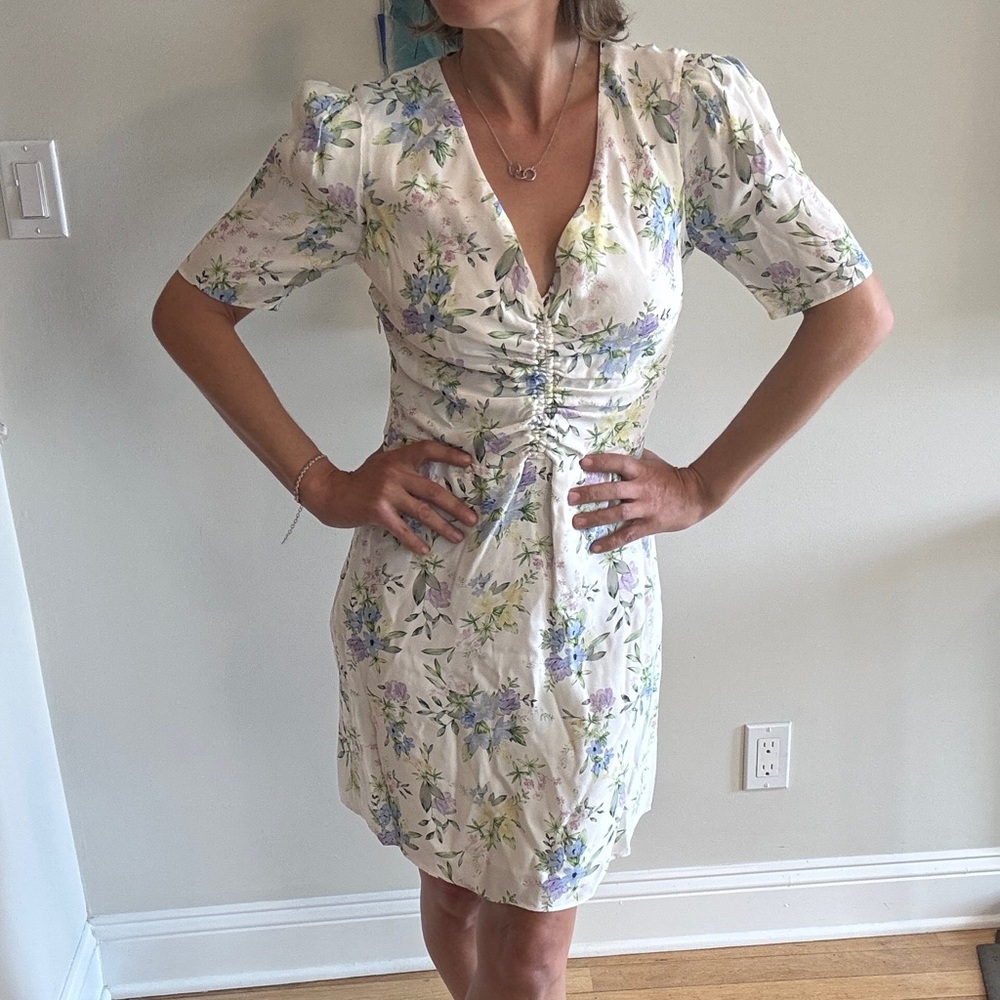 The Kooples Blue and Cream Puff Sleeve Wrap Dress